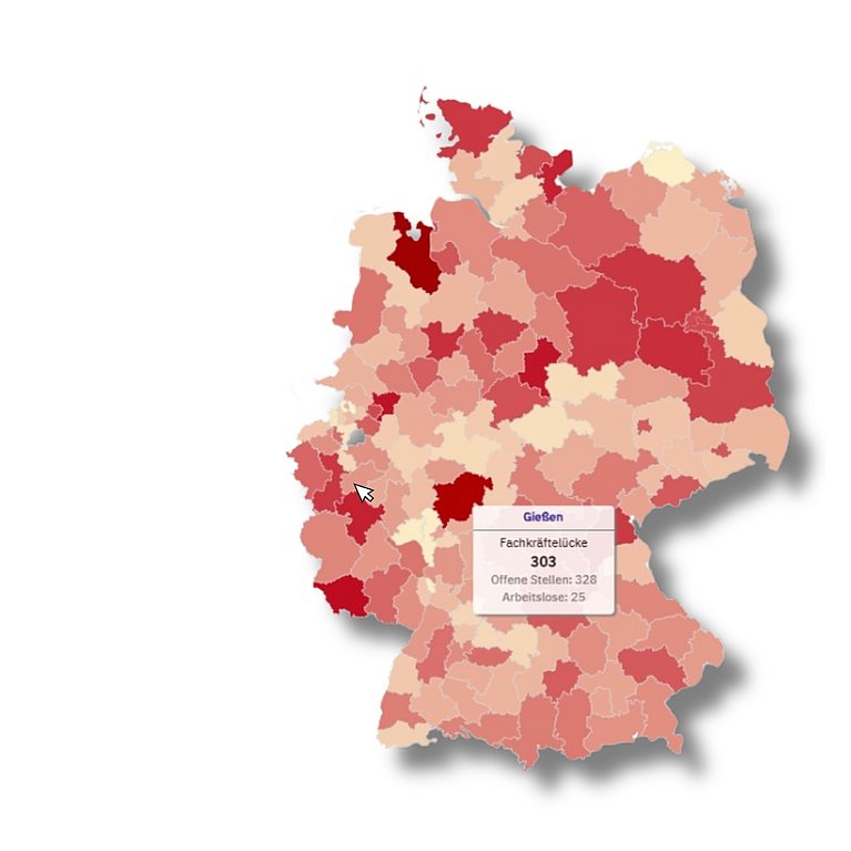 Zu sehen ist ein Bild der interaktiven Landkarte, auf der die unterschiedlich stark vom Fachkräftemangel betroffenen Regionen in unterschiedlichen Rottönen sichtbar gemacht wurden.